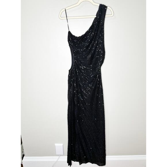 Delfi Collective Womens Sequin Solie One-Shoulder Dress Side Slit Black L NEW - Picture 2 of 9